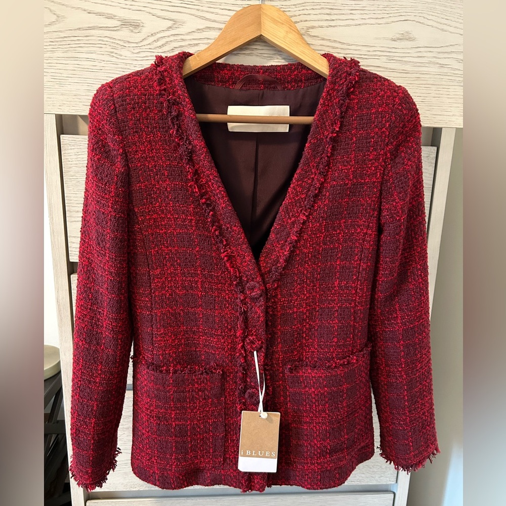iBlues Max Mara Red Collarless Plaid Tweed Blazer